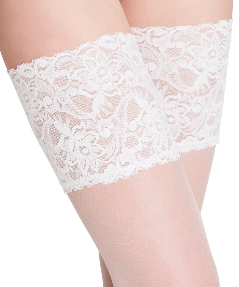 FALKE Women's Seidenglatt 15 Denier Thigh Highs, Floral Lace Trim with Non Slip Grip, Fine Sheer Transparent, Nylon, White (White 2209), US shoe 5-6.5, 1 Pair - Image 5